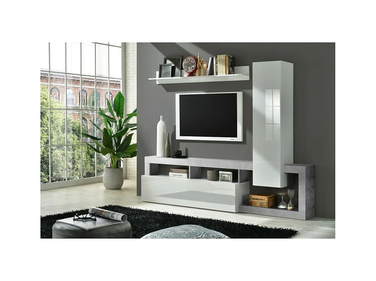 Ensemble meubles salon avec rangements, collection BURA, longueur 219 cm, blanc laqué/gris béton