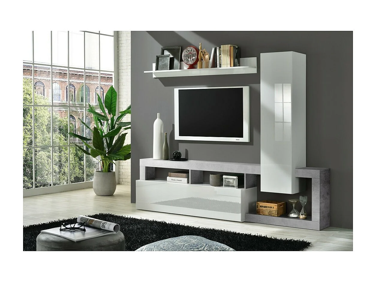 Ensemble meubles salon avec rangements, collection BURA, longueur 219 cm, blanc laqué/gris béton