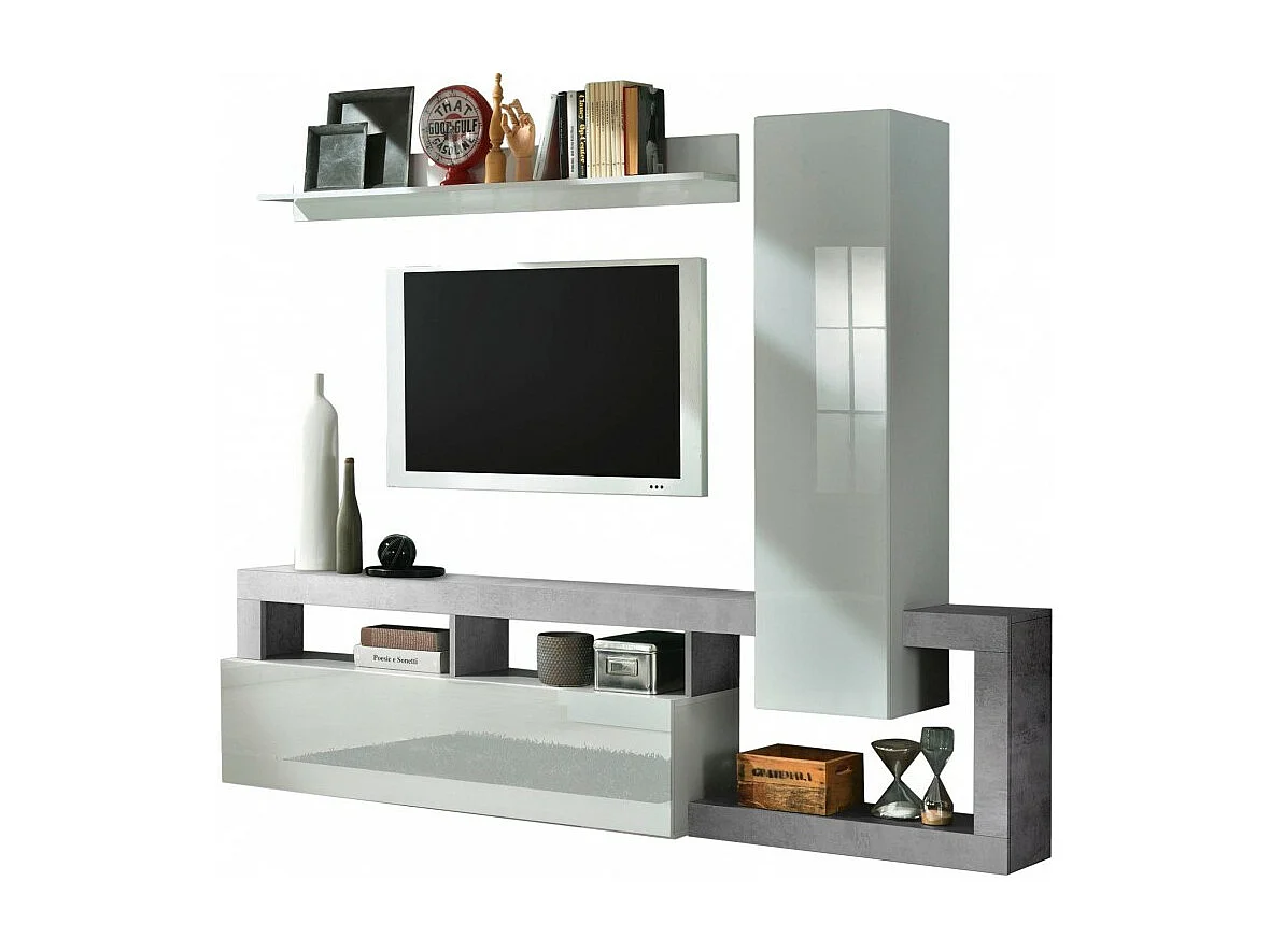 Ensemble meubles salon avec rangements, collection BURA, longueur 219 cm, blanc laqué/gris béton