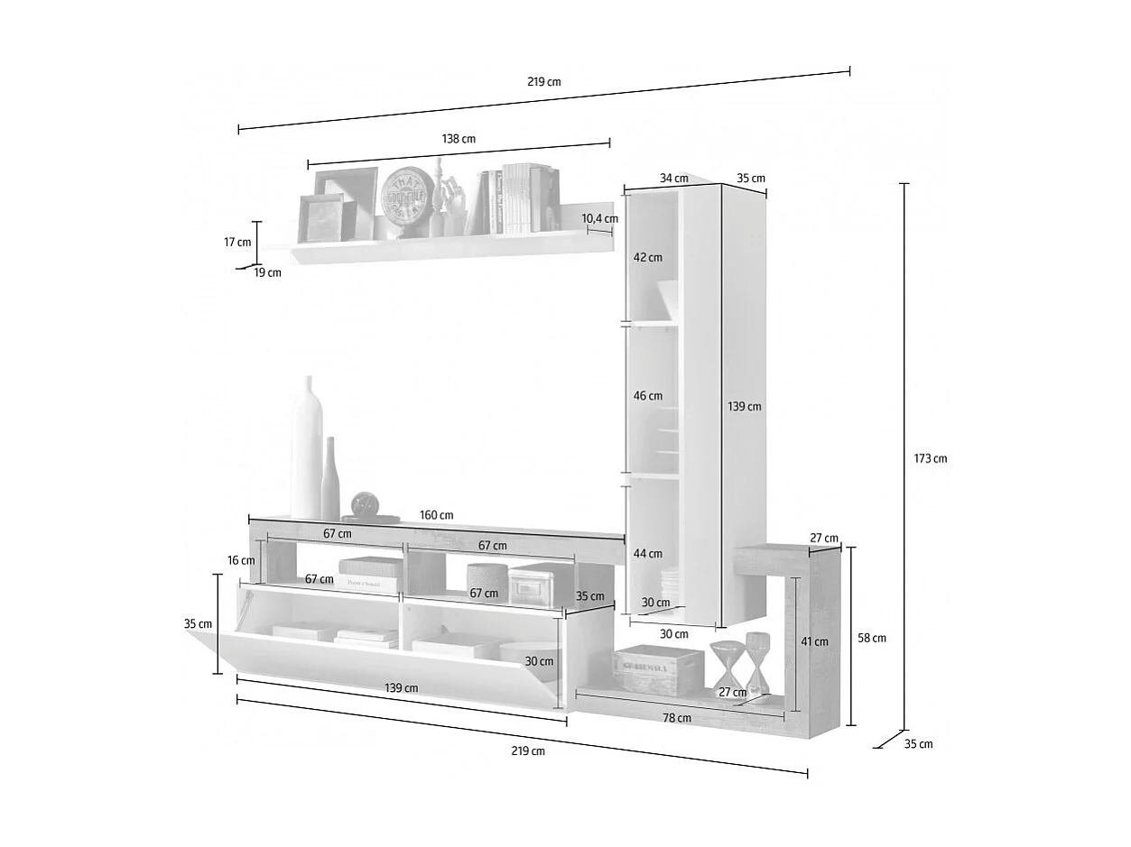 Ensemble meubles salon avec rangements, collection BURA, longueur 219 cm, blanc laqué/gris béton