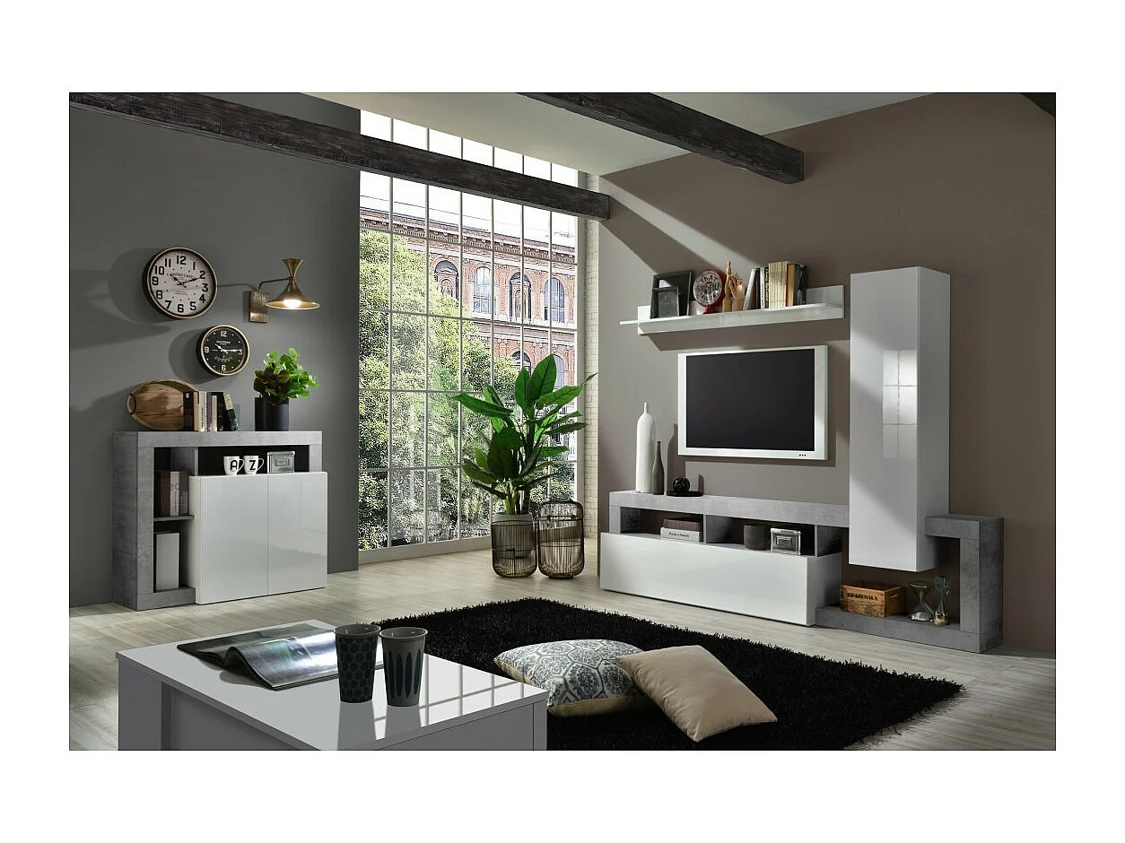 Ensemble meubles salon avec rangements, collection BURA, longueur 219 cm, blanc laqué/gris béton