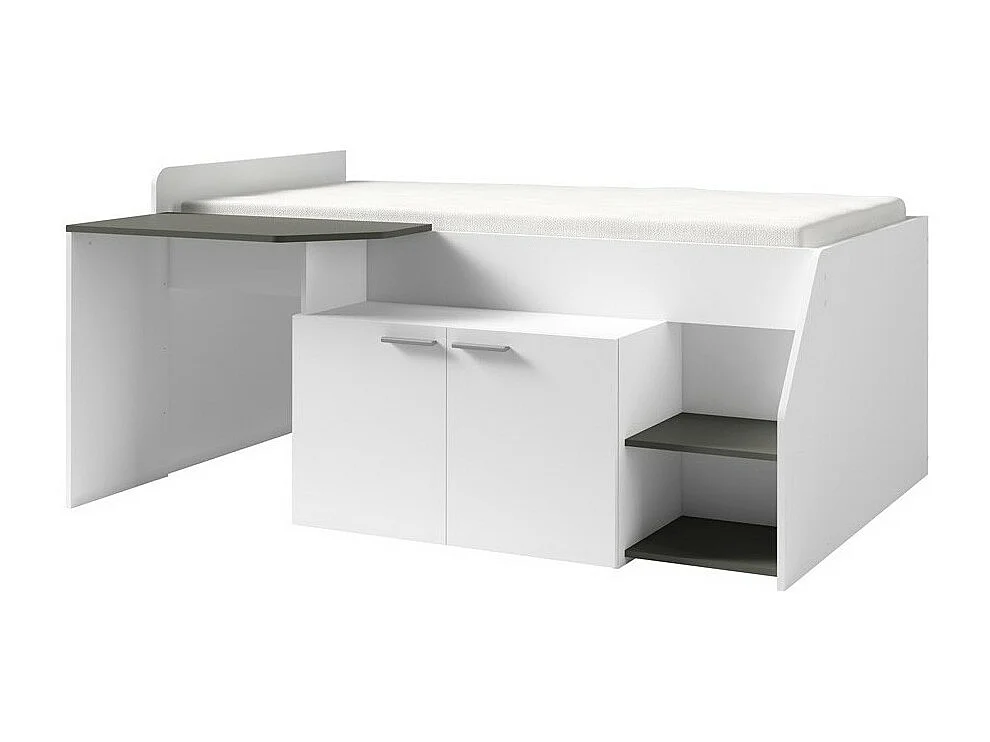 Combinatiebed ZOLA met Bureau - Kleur Satijnwit en Grijs - 204 x 90 x 135 cm