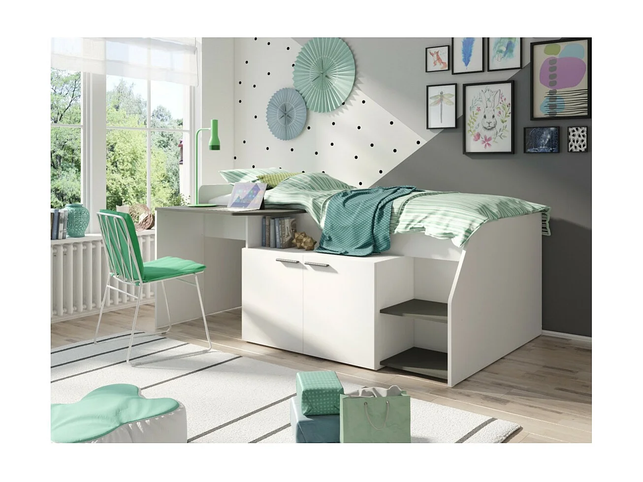 Combinatiebed ZOLA met Bureau - Kleur Satijnwit en Grijs - 204 x 90 x 135 cm