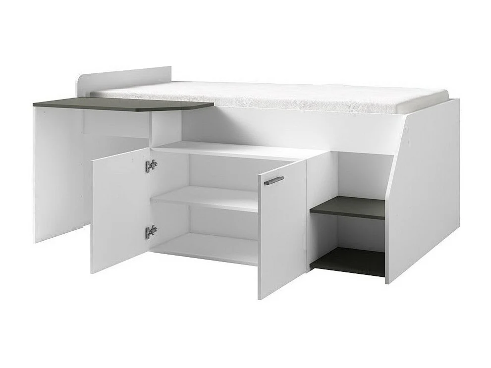 Combinatiebed ZOLA met Bureau - Kleur Satijnwit en Grijs - 204 x 90 x 135 cm