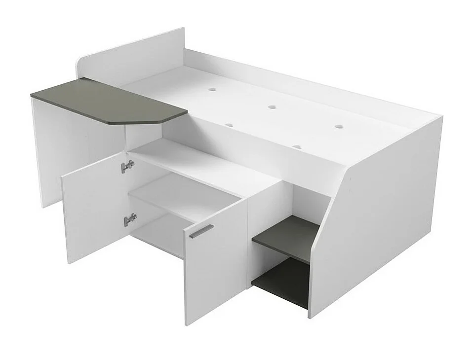 Combinatiebed ZOLA met Bureau - Kleur Satijnwit en Grijs - 204 x 90 x 135 cm