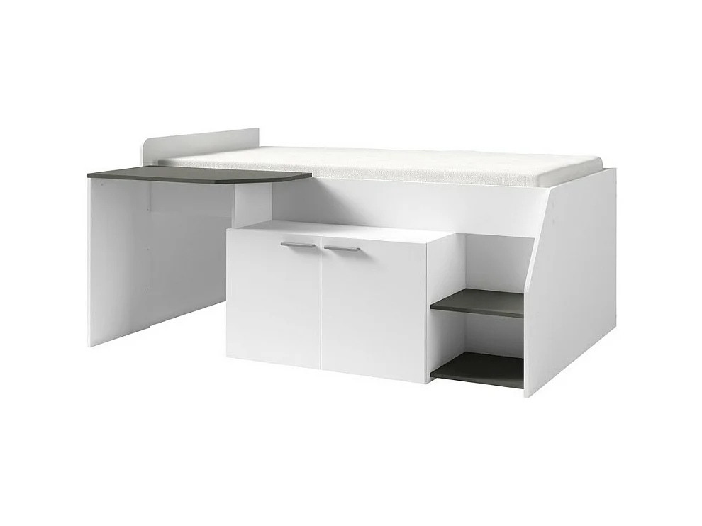 Combinatiebed ZOLA met Bureau - Kleur Satijnwit en Grijs - 204 x 90 x 135 cm