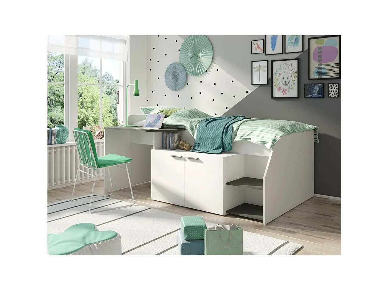 Cama combinada infantil 90x200 coleção ZOLA - Cores branco acetinado e cinza grafite