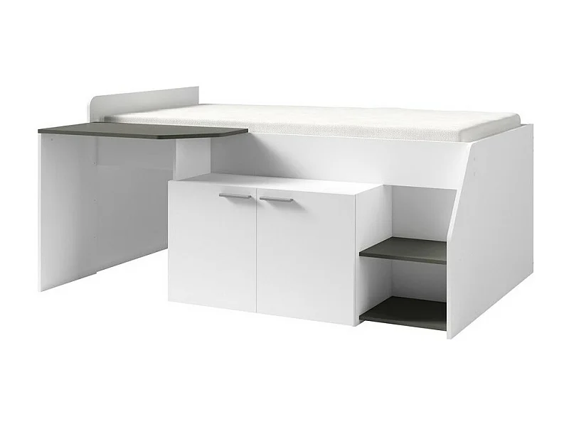 Lit Combiné ZOLA avec Bureau - Coloris Blanc Satin et Gris - 204 x 90 x 135 cm