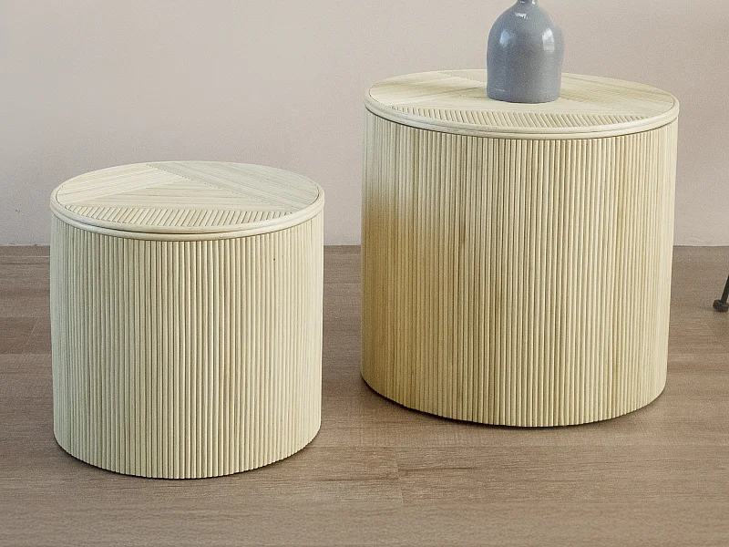 Lot de 2 tables d'appoint rondes avec rangement - Rotin - D. 50  x  H. 46 cm et D. 39.5 x H. 36 cm  - Naturel clair - GABES