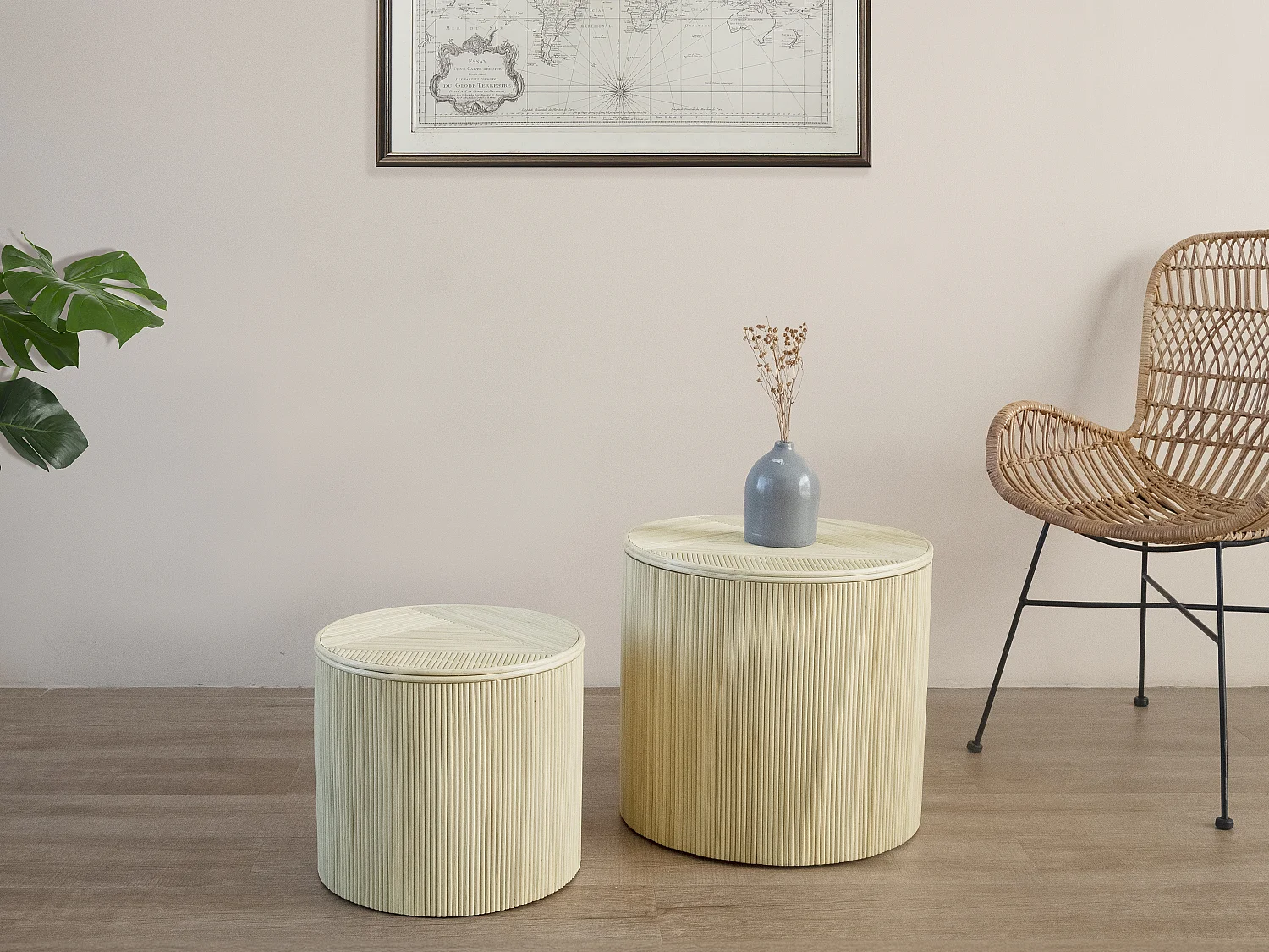 Lot de 2 tables d'appoint rondes avec rangement - Rotin - D. 50  x  H. 46 cm et D. 39.5 x H. 36 cm  - Naturel clair - GABES