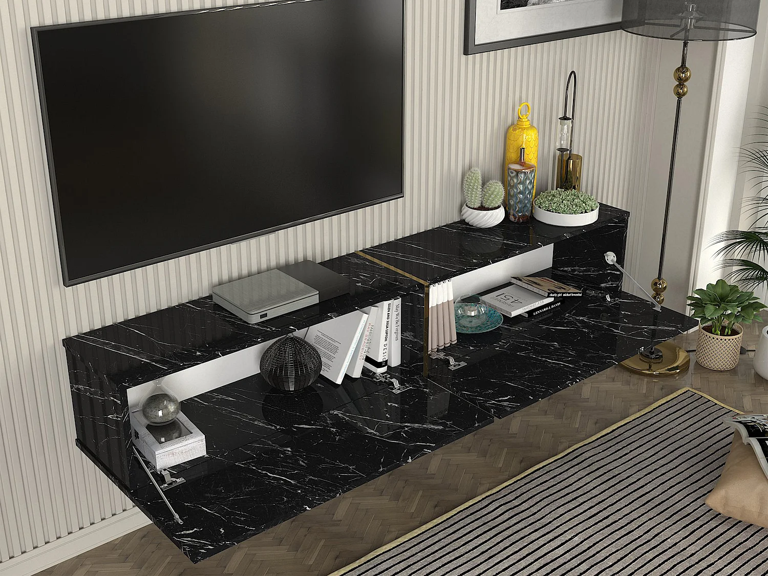 Meuble TV suspendu avec 2 portes - Effet marbre noir - DINOMA