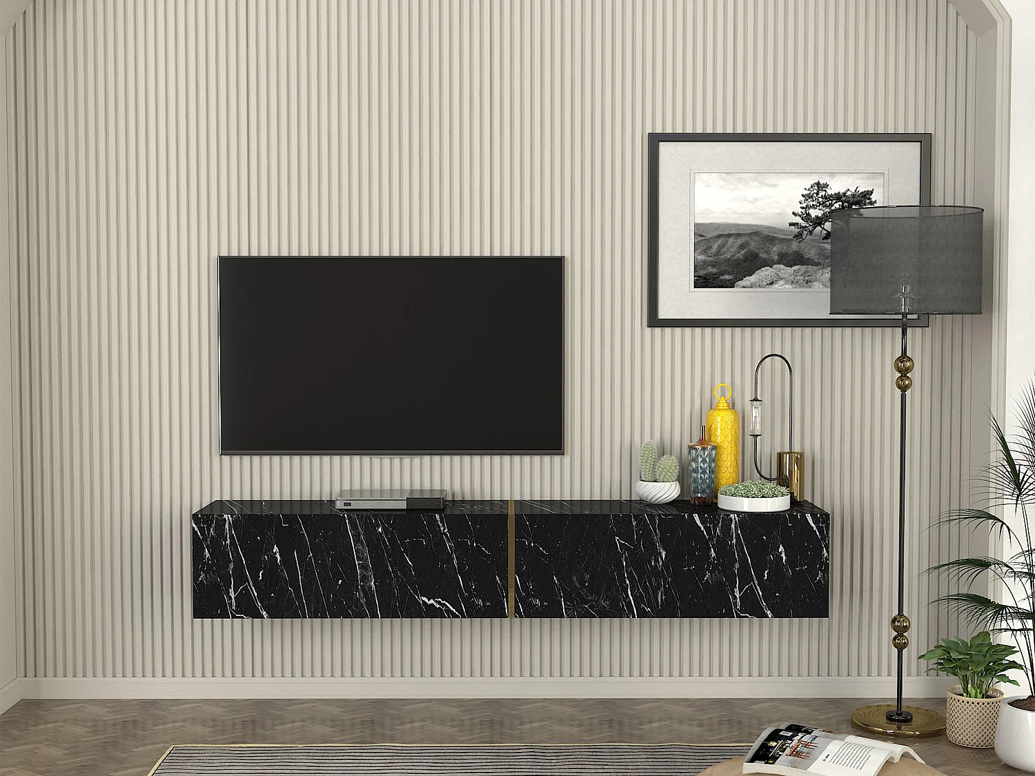 Meuble TV suspendu avec 2 portes - Effet marbre noir - DINOMA