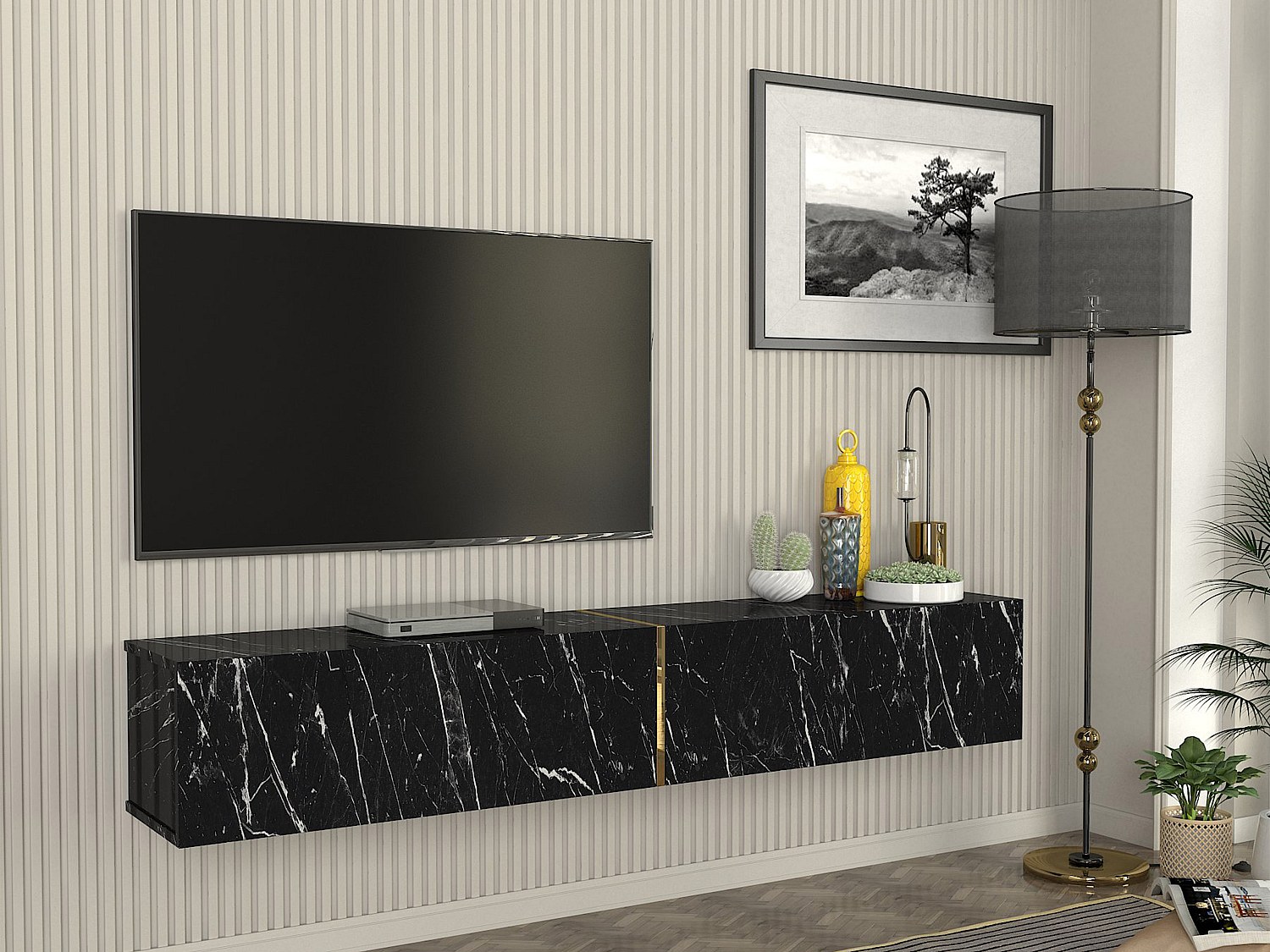 Hängender TV-Schrank mit 2 Türen – Schwarze Marmor-Optik – DINOMA günstig online kaufen