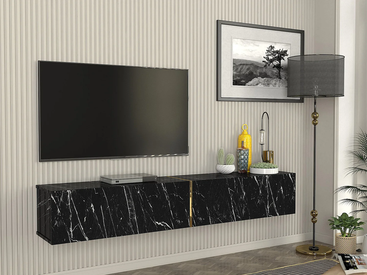 Meuble TV suspendu avec 2 portes - Effet marbre noir - DINOMA