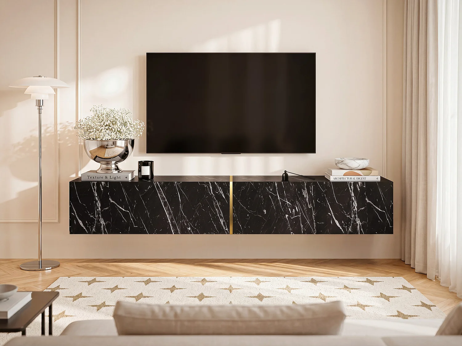 Meuble TV suspendu avec 2 portes - Effet marbre noir - DINOMA