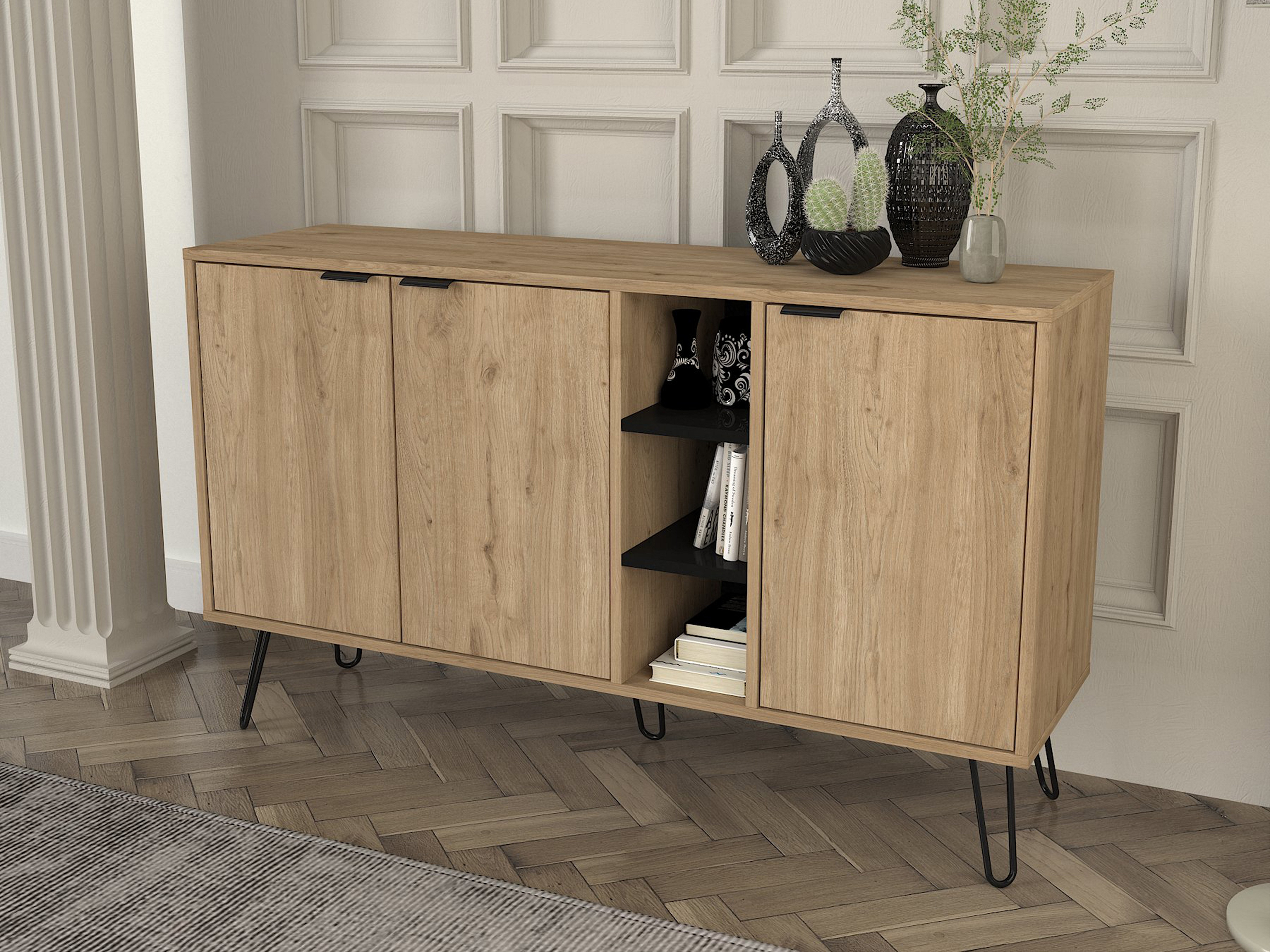 Buffet 9 Cubes HOMCOM - 3 Portes + 3 Compartiments Ouverts - Bois De Pin - Blanc/Gris - 96x30x75 Cm