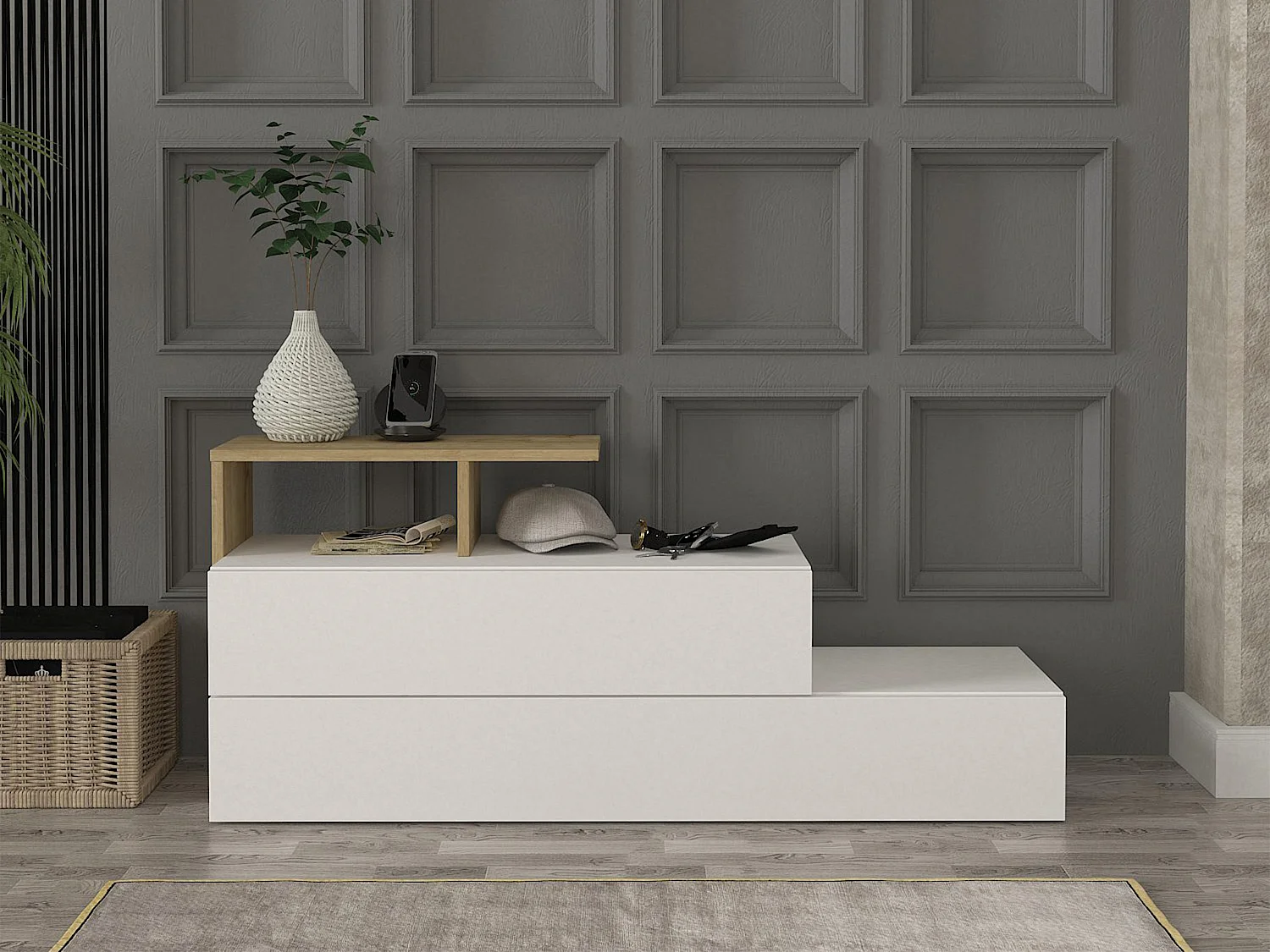 Schoenenkast met 2 deurtjes en 1 legplank - Wit en houtlook - DAVISTA