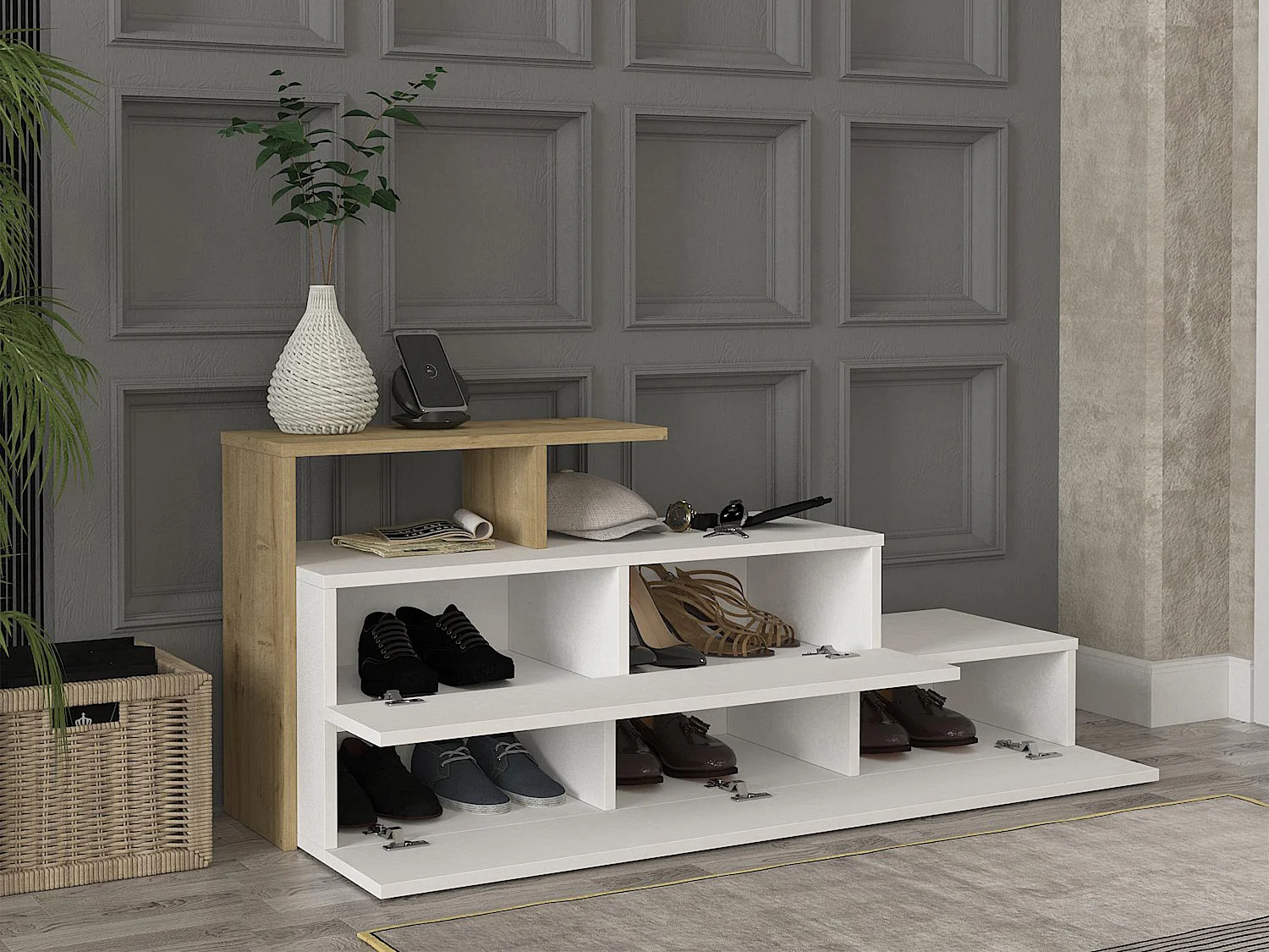 Schoenenkast met 2 deurtjes en 1 legplank - Wit en houtlook - DAVISTA