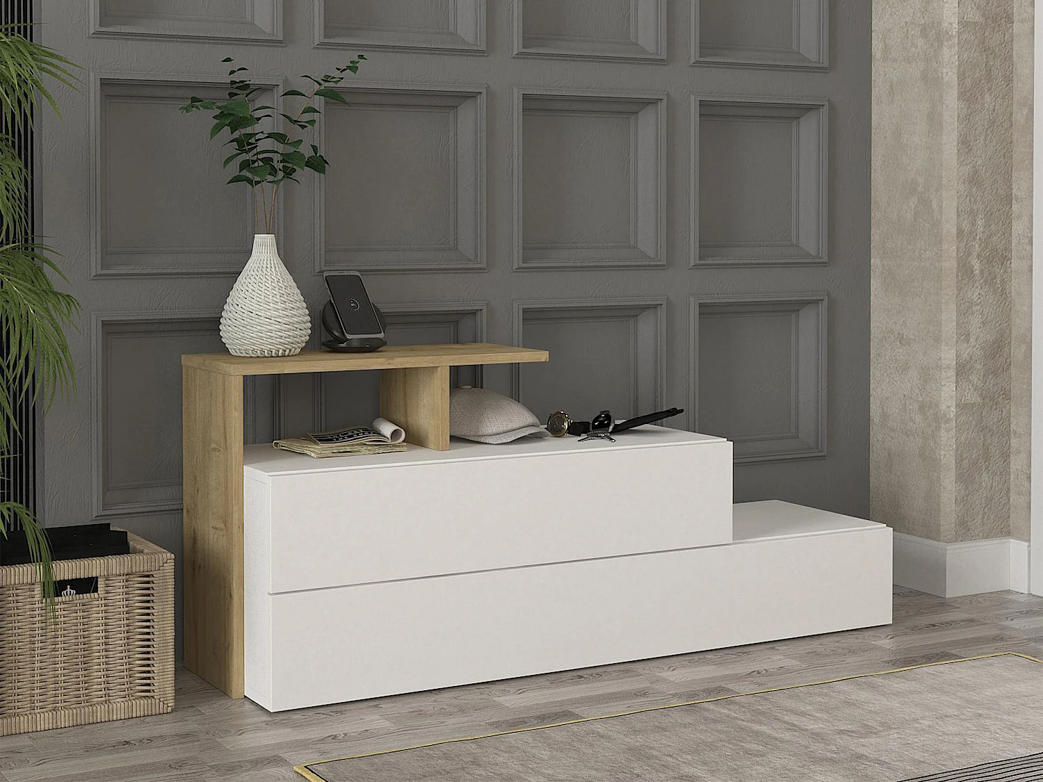 Meuble à chaussures avec 2 portes et 1 étagère - Blanc et Naturel - DAVISTA