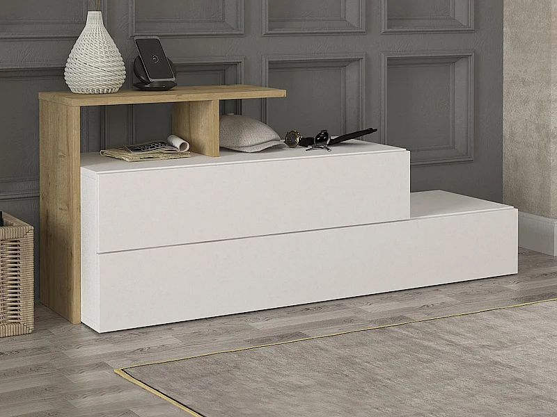 Meuble à chaussures avec 2 portes et 1 étagère - Blanc et Naturel - DAVISTA