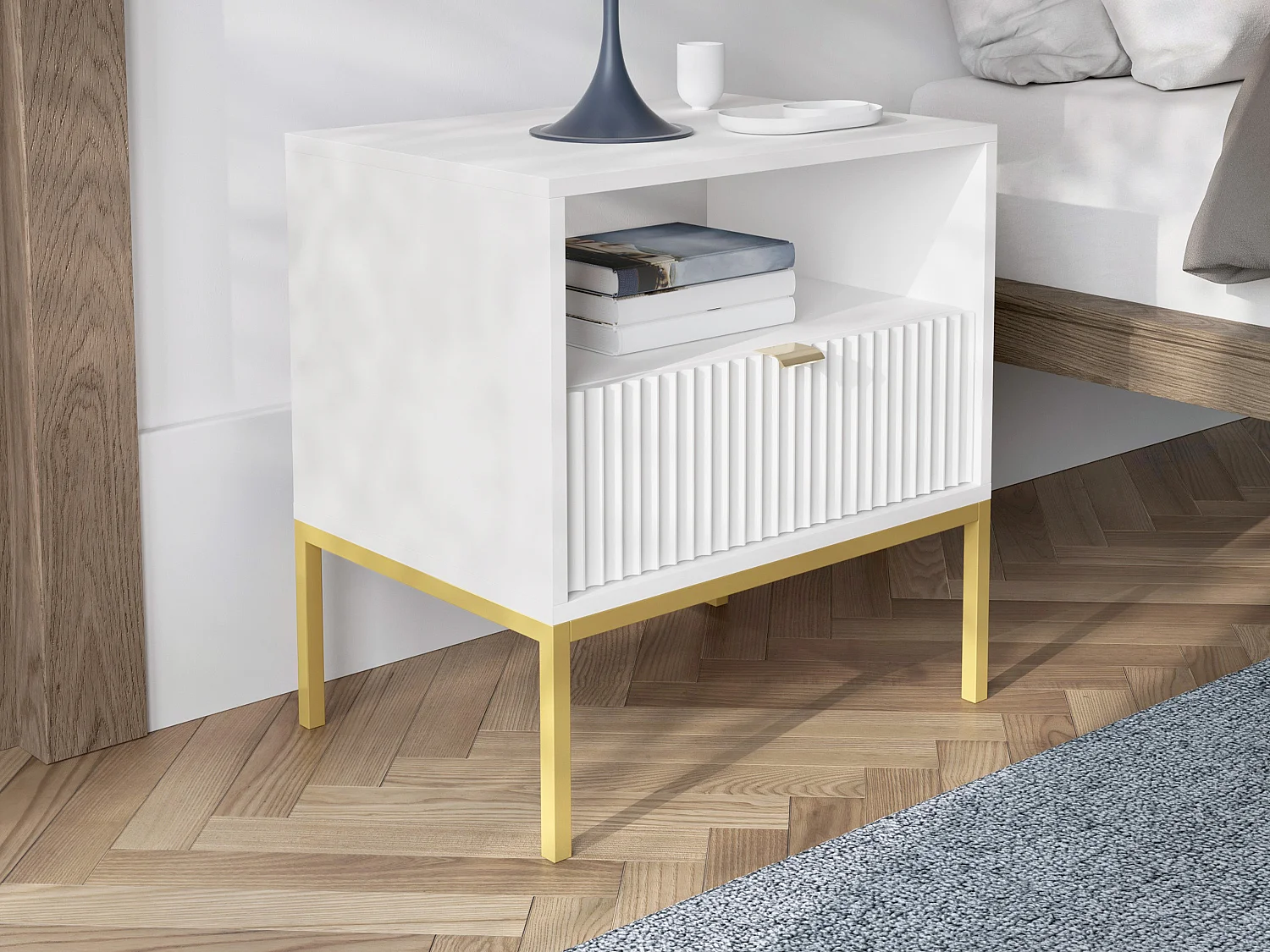 Comodino 1 cassetto e 1 nicchia Bianco e Dorato - Lotto di 2 - LIOUBA di PASCAL MORABITO