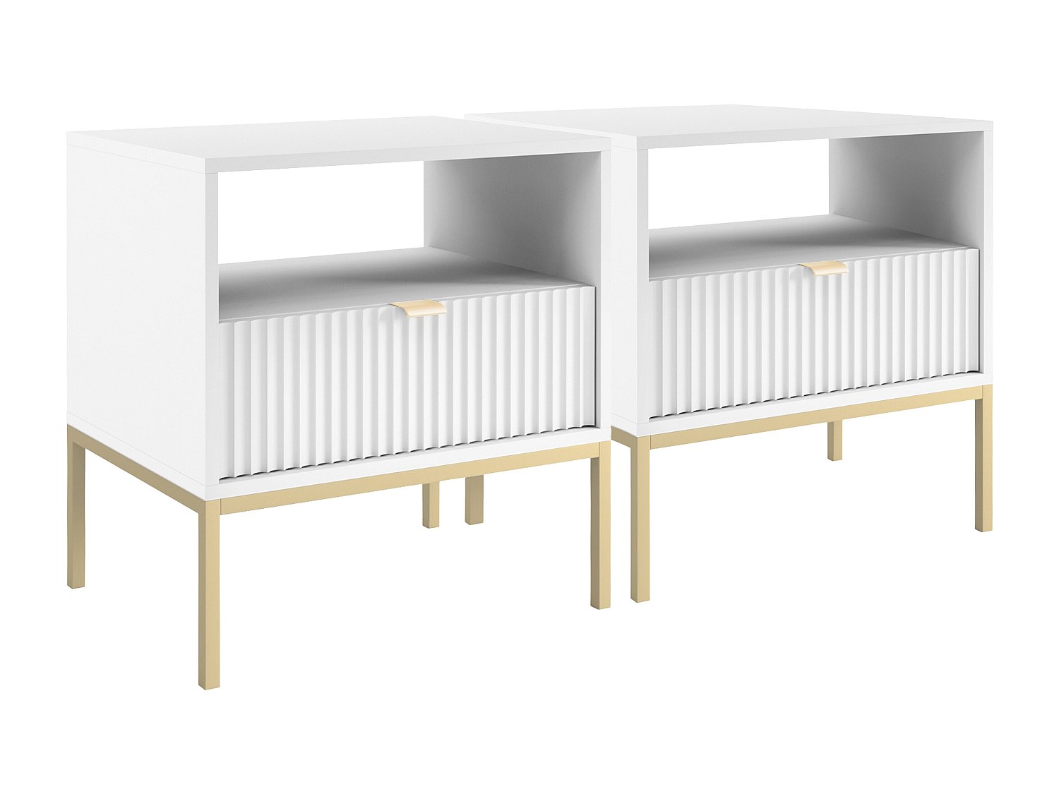 2er-Set Nachttische mit 1 Schublade & 1 Ablage - Weiß & Goldfarben - LIOUBA günstig online kaufen
