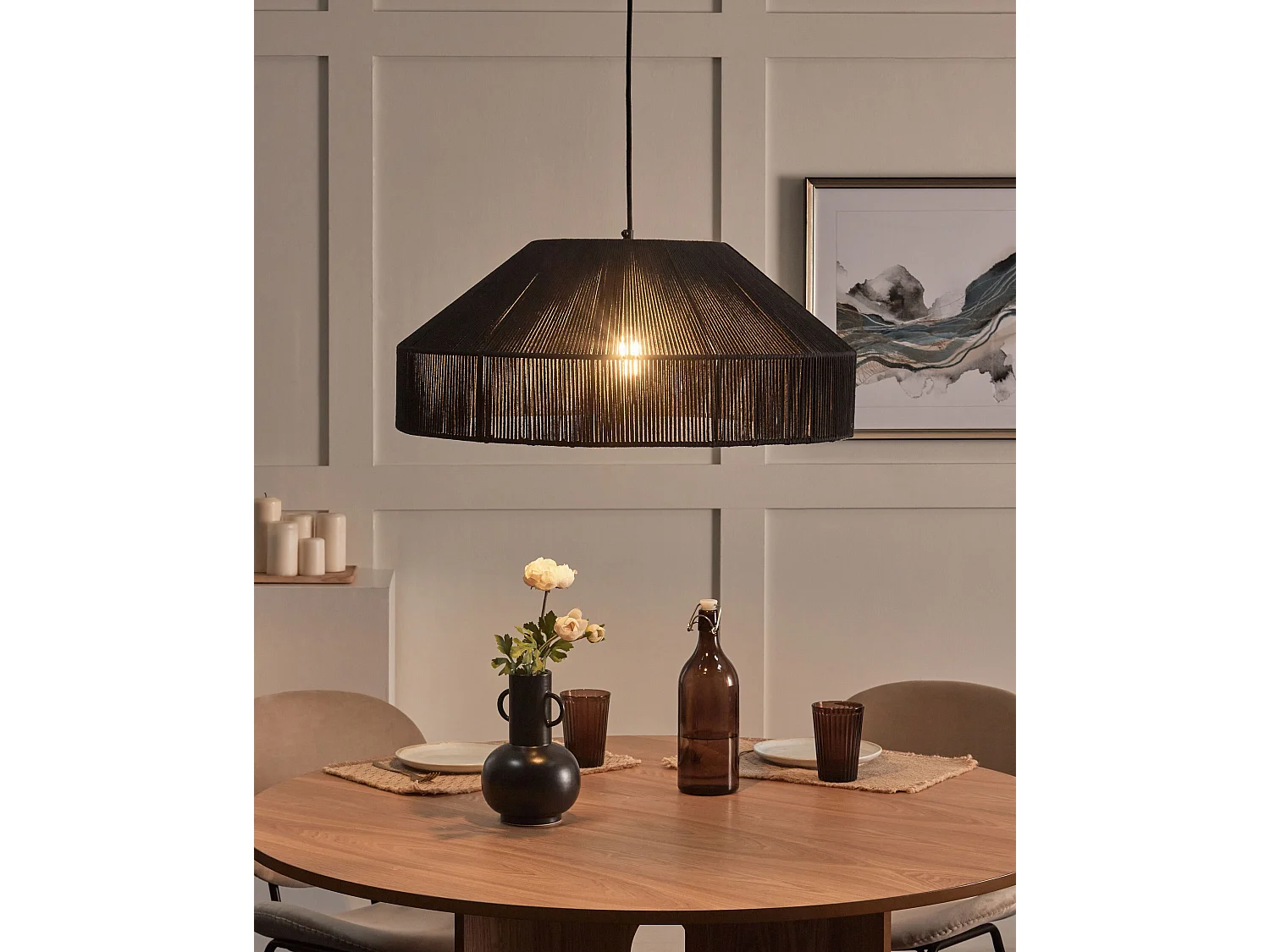 Hängeleuchte aus Baumwollseil Kuppelschirm Handgefertigt Natur Japandi Stil Schwarz Iguamo