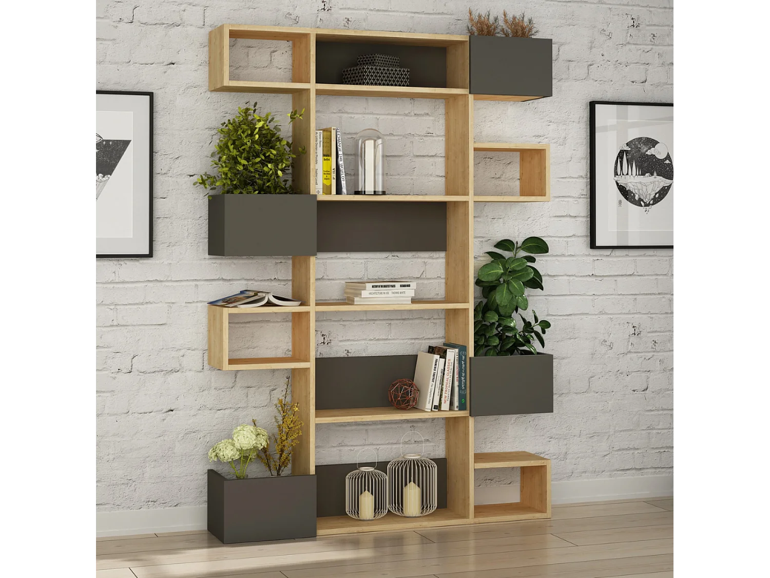 Moderne en Functionele Houten en Antraciet Boekenkast Elio