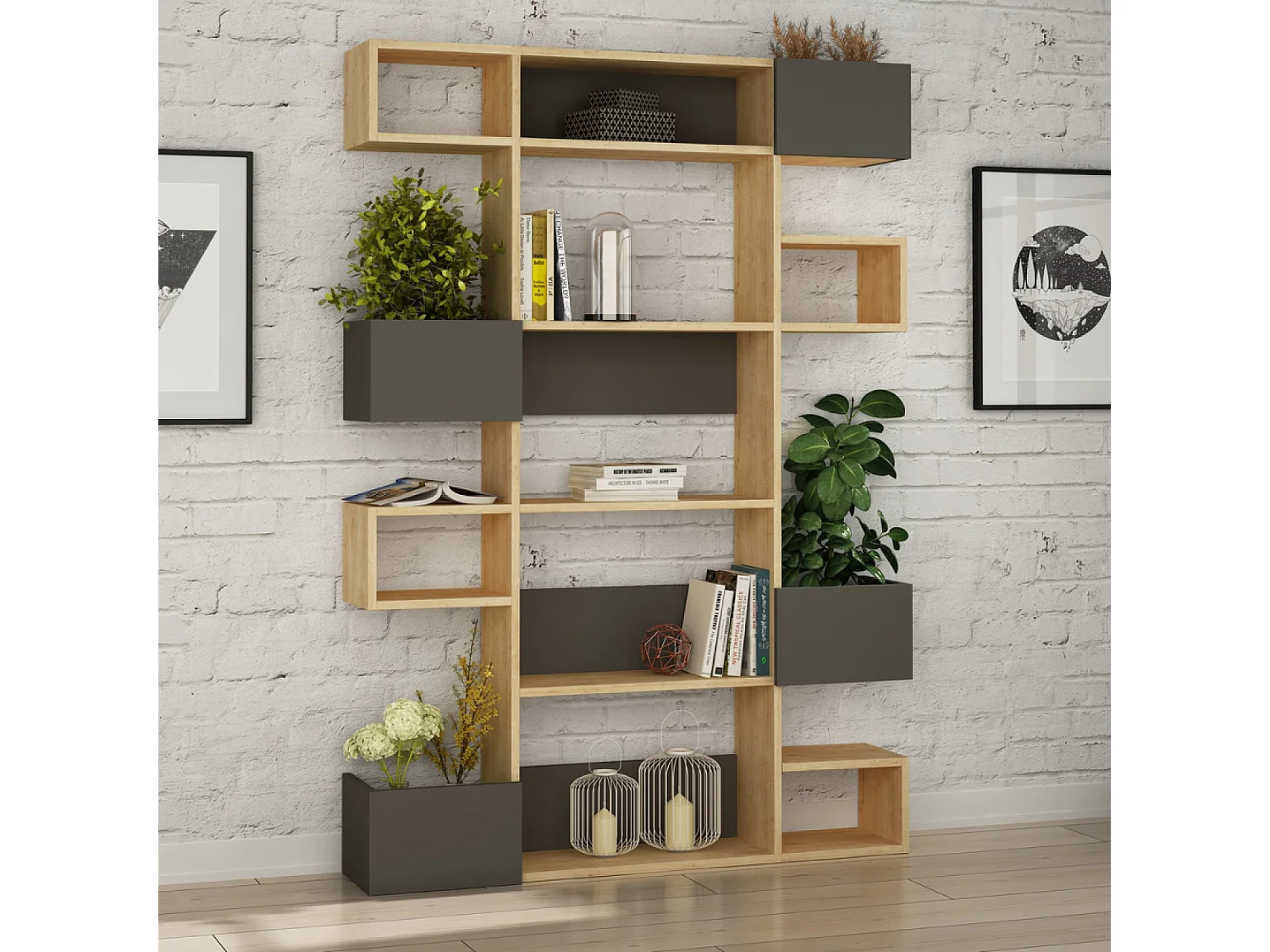Moderne en Functionele Houten en Antraciet Boekenkast Elio