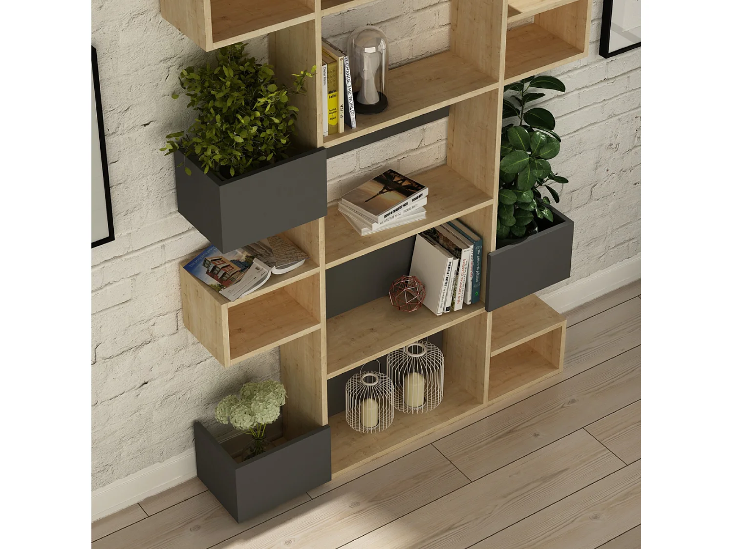 Moderne en Functionele Houten en Antraciet Boekenkast Elio