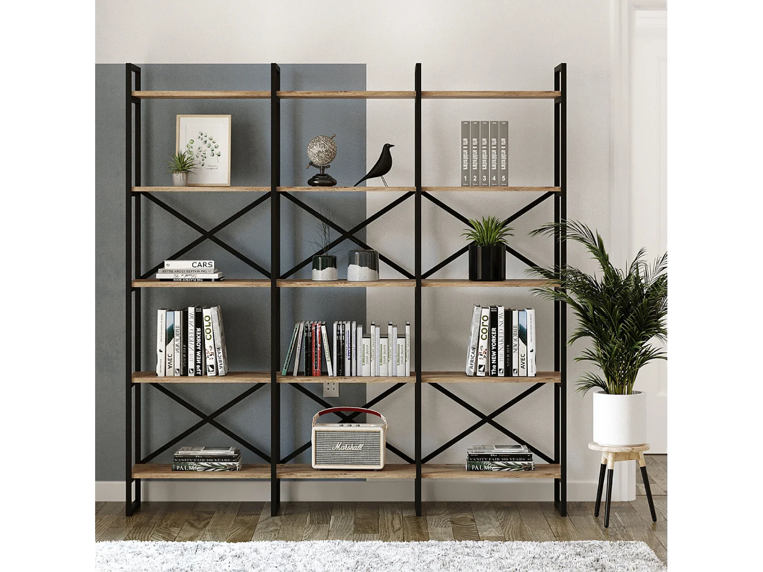 Bibliothèque style industriel bois et métal TOMI