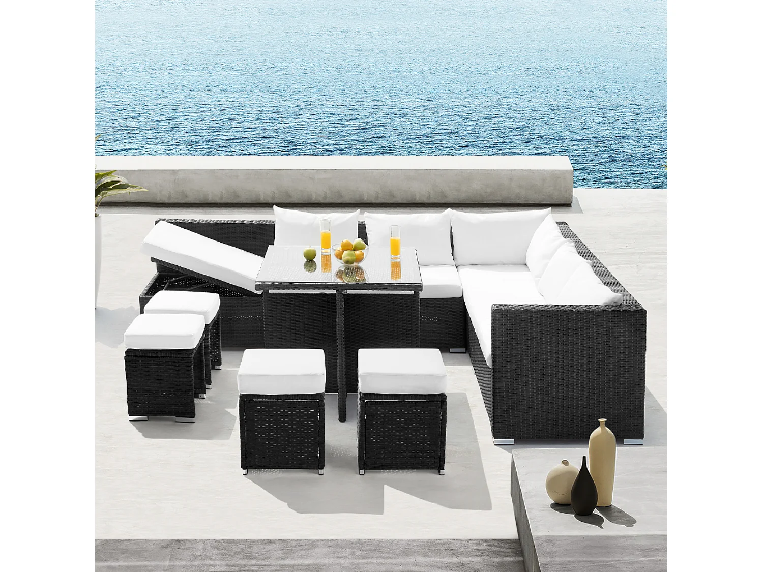 Conjunto de muebles empotrados de jardín de 10 plazas de resina tejida negra  SAMOA