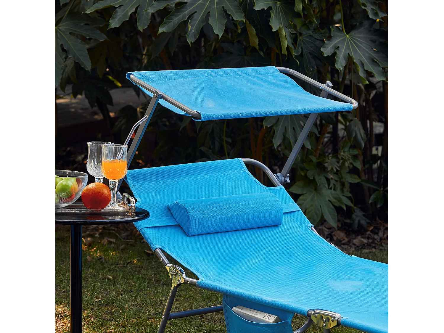 SoBuy Lettino Prendisole Pieghevole Cuscino e tettuccio Regolabile 4 Angoli di reclinazione con Organizer Blu OGS48-B