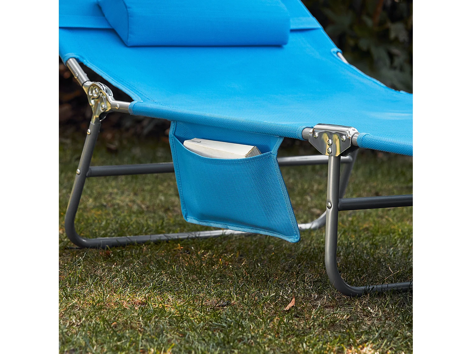 SoBuy Lettino Prendisole Pieghevole Cuscino e tettuccio Regolabile 4 Angoli di reclinazione con Organizer Blu OGS48-B