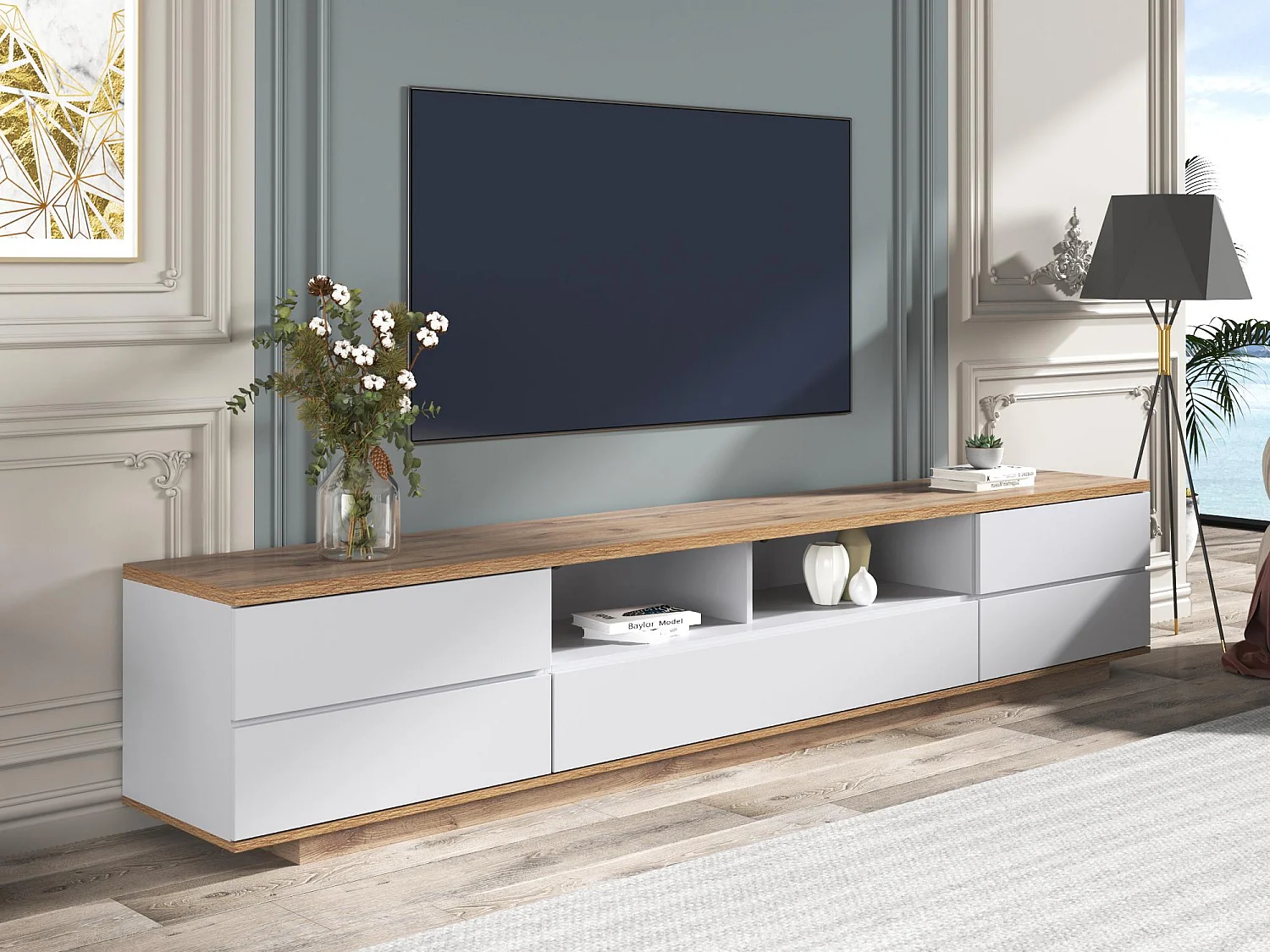 Zeitgenössischer skandinavischer TV-Schrank 180 cm aus Holz – 5 Türen + 8 Fächer – Natur und Weiß