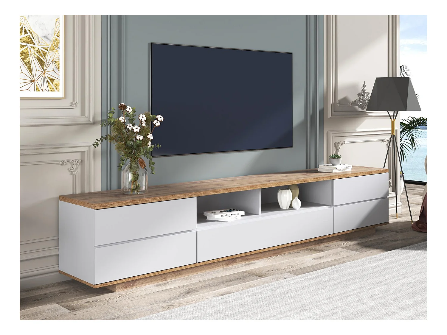 Meuble TV scandinave contemporain 180cm en bois - 5 portes + 8 compartiments - Naturel & Blanc