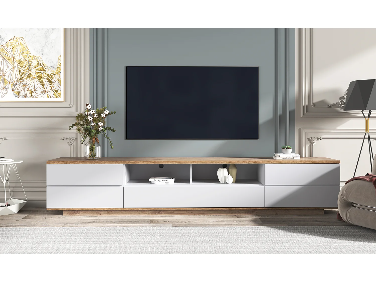 Meuble TV scandinave contemporain 180cm en bois - 5 portes + 8 compartiments - Naturel & Blanc
