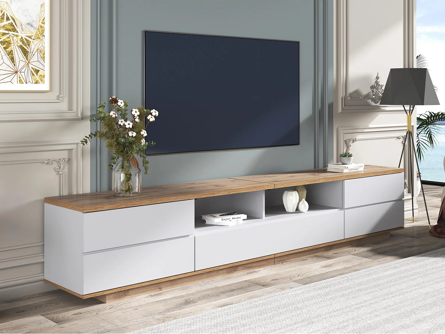 Mueble de televisión escandinavo contemporáneo de 180 cm en madera - 5 puertas + 8 compartimentos - Natural y blanco