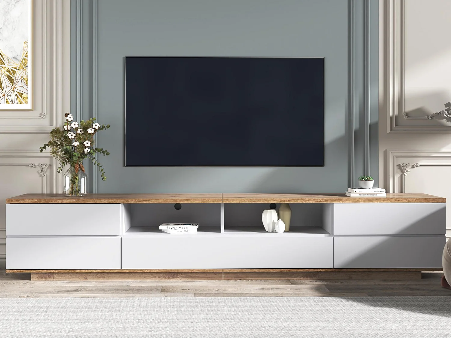 Mueble de televisión escandinavo contemporáneo de 180 cm en madera - 5 puertas + 8 compartimentos - Natural y blanco