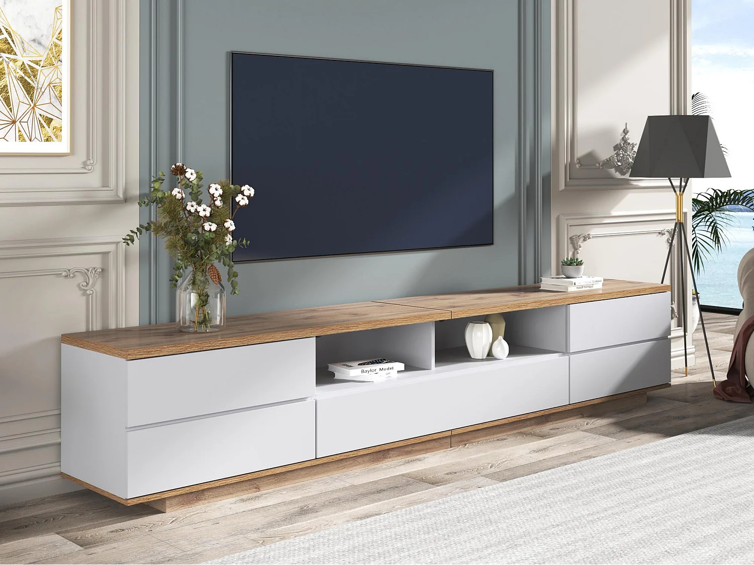 Eigentijds Scandinavisch TV-meubel 180cm in hout - 5 deuren + 8 vakken - Naturel & Wit