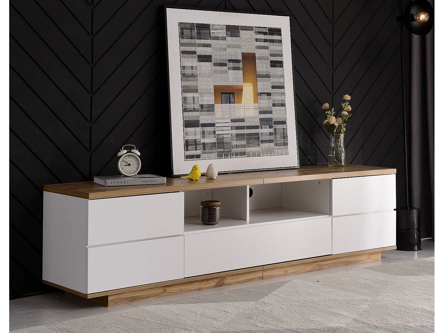 Eigentijds Scandinavisch TV-meubel 180cm in hout - 5 deuren + 8 vakken - Naturel & Wit