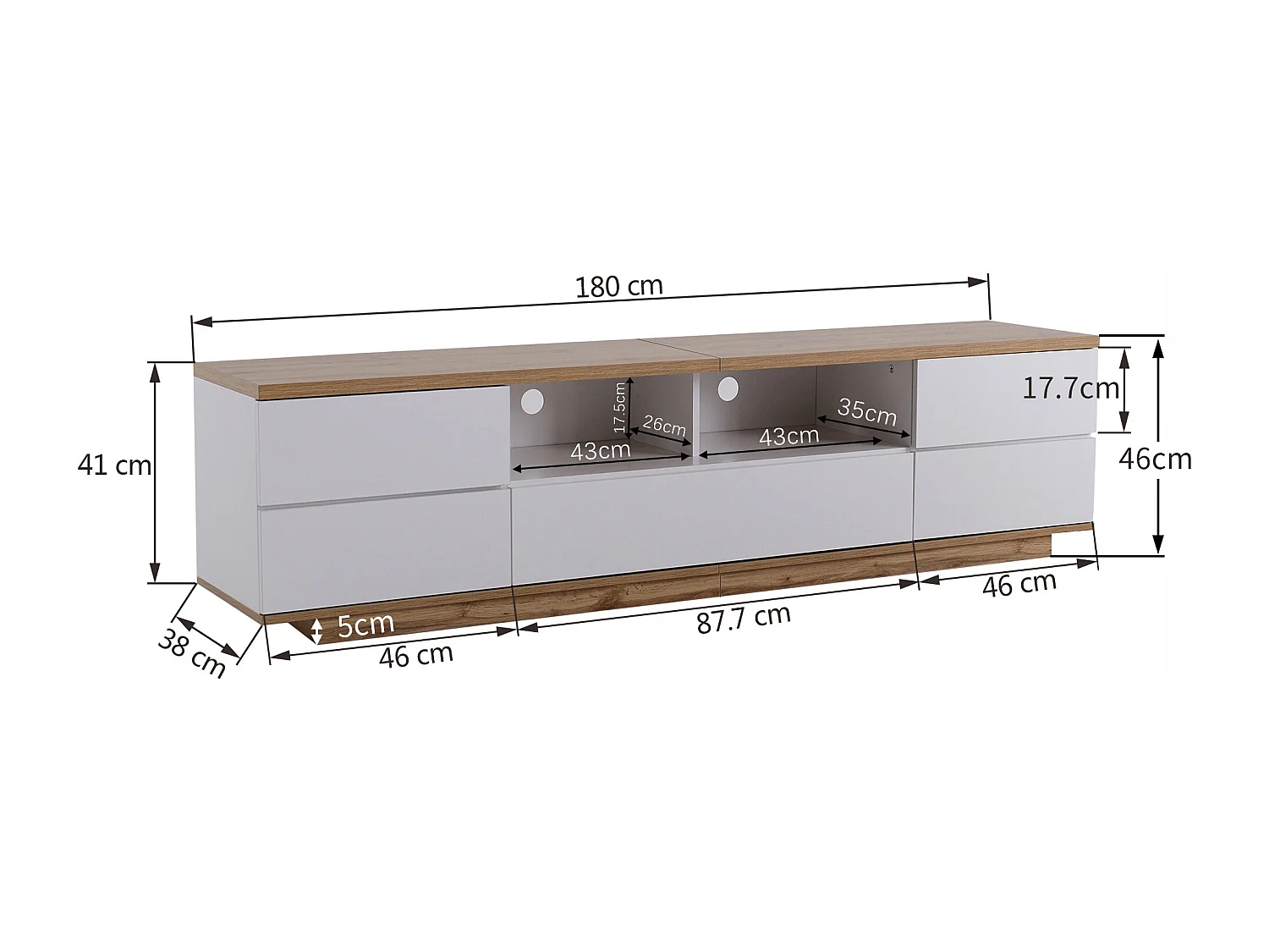 Meuble TV scandinave contemporain 180cm en bois - 5 portes + 8 compartiments - Naturel & Blanc