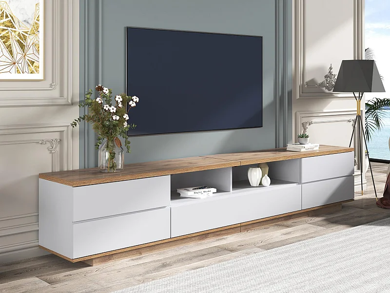 Mueble de televisión escandinavo contemporáneo de 180 cm en madera - 5 puertas + 8 compartimentos - Natural y blanco