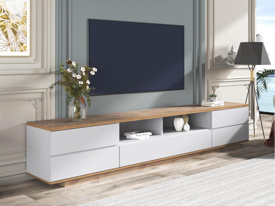 Mueble de televisión escandinavo contemporáneo de 180 cm en madera - 5 puertas + 8 compartimentos - Natural y blanco