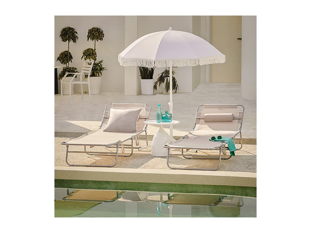 SoBuy Chaise Longue Pliable et Réglable, Transat de Jardin avec Appui-Tête et Pochette, Bain de Soleil, Charge 120 kg, Beige, OGS35-MIx2