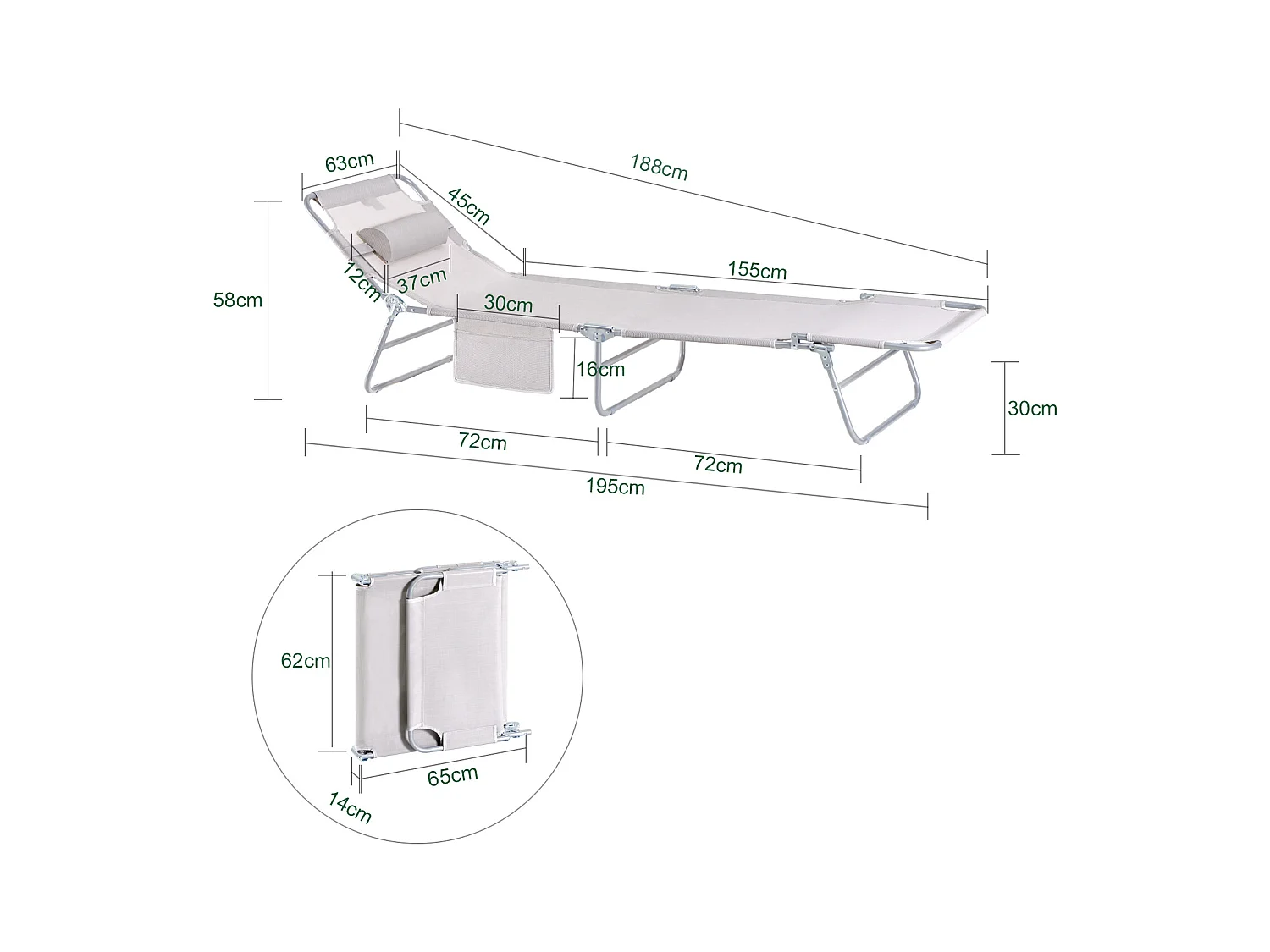 SoBuy Chaise Longue Pliable et Réglable, Transat de Jardin avec Appui-Tête et Pochette, Bain de Soleil, Charge 120 kg, Beige, OGS35-MIx2
