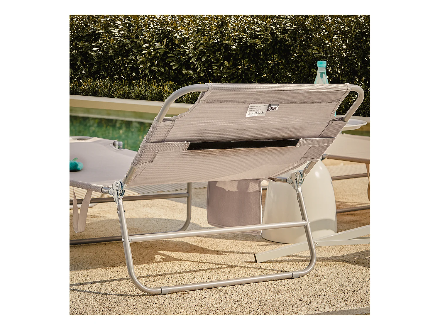 SoBuy Chaise Longue Pliable et Réglable, Transat de Jardin avec Appui-Tête et Pochette, Bain de Soleil, Charge 120 kg, Beige, OGS35-MIx2