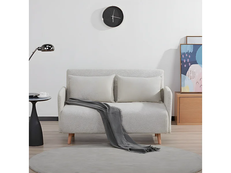 Belushi - Canapé convertible 2 places en tissu bouclette pieds bois clair L120cm - Beige