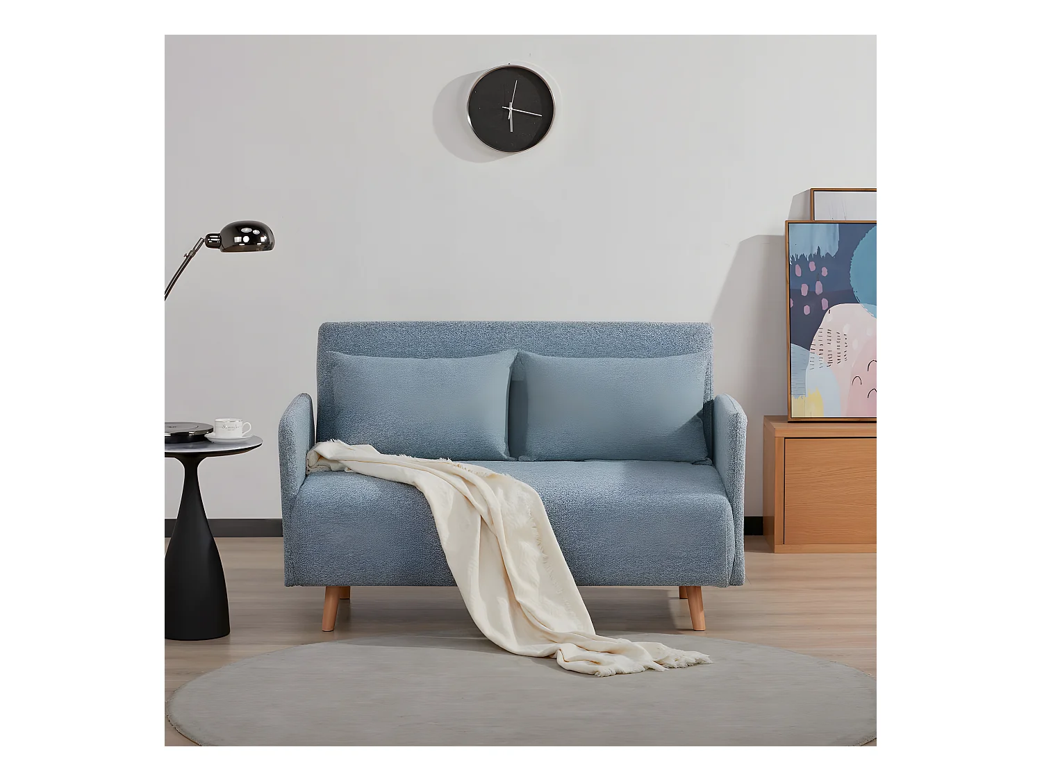 Belushi - Canapé convertible 2 places en tissu bouclette pieds bois clair L120cm - Bleu aqua