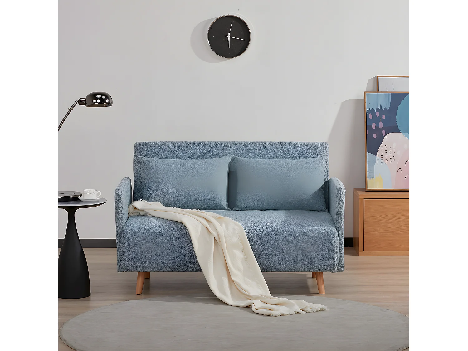 Belushi - Canapé convertible 2 places en tissu bouclette pieds bois clair L120cm - Bleu aqua